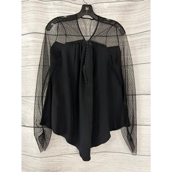 BCBG Sheer Button-Front Blouse With Polka Dot Sheer Netted Sleeves Size M - Picture 2 of 3